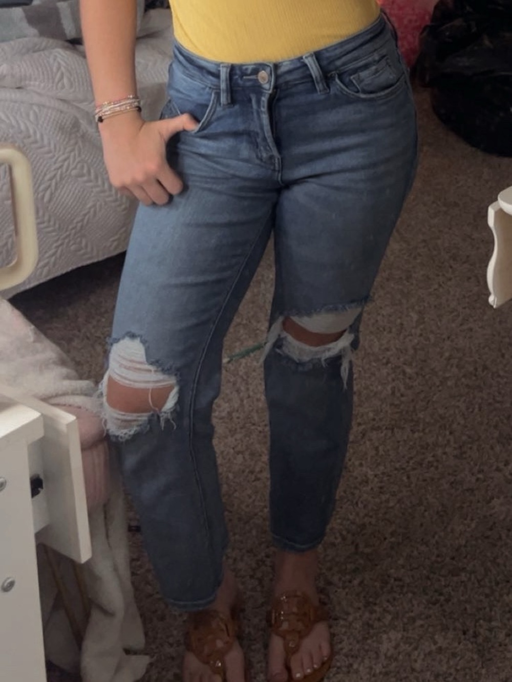Women’s Ripped Boyfriend Jeans in Medium Blue Wash